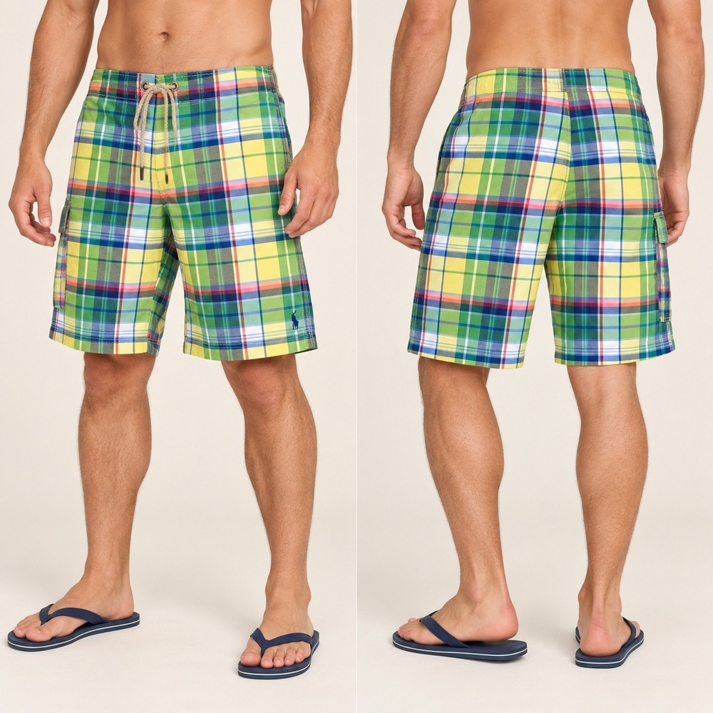 Vintage Polo Ralph Lauren Swim Trunks Mens 36 Madras Plaid Board Shorts Lined